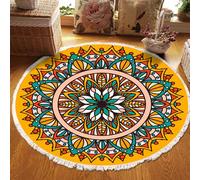 Tapis Rond Orange Bohème À Pompons, Lavable, Antidérapant, À Motif Floral, Doux, En Imitation Coton Et Lin, Idéal Pour Le Salon La Chambre La Chambre D'enfant L'entrée Ou Le Couloir, 90cm/35.4in-Orang