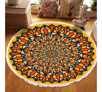 Tapis Rond Orange Bohème À Pompons, Lavable, Antidérapant, À Motif Floral, Doux, En Imitation Coton Et Lin, Idéal Pour Le Salon La Chambre La Chambre D'enfant L'entrée Ou Le Couloir, 120cm/47.2in-Oran