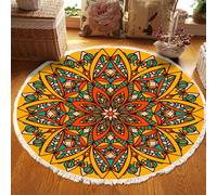 Tapis Rond Orange Bohème À Pompons, Lavable, Antidérapant, À Motif Floral, Doux, En Imitation Coton Et Lin, Idéal Pour Le Salon La Chambre La Chambre D'enfant L'entrée Ou Le Couloir,60cm/23.6in-Orange