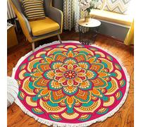 Tapis Rond Orange Bohème À Pompons, Lavable, Antidérapant, À Motif Floral, Doux, En Imitation Coton Et Lin, Idéal Pour Le Salon La Chambre La Chambre D'enfant L'entrée Ou Le Couloir, 120cm/47.2in-Oran