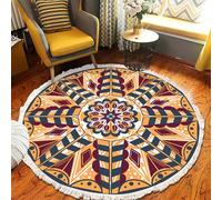 Tapis Rond Orange Bohème À Pompons, Lavable, Antidérapant, À Motif Floral, Doux, En Imitation Coton Et Lin, Idéal Pour Le Salon La Chambre La Chambre D'enfant L'entrée Ou Le Couloir, 90cm/35.4in-Orang