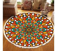 Tapis Rond Orange Bohème À Pompons, Lavable, Antidérapant, À Motif Floral, Doux, En Imitation Coton Et Lin, Idéal Pour Le Salon La Chambre La Chambre D'enfant L'entrée Ou Le Couloir, 120cm/47.2in-Oran