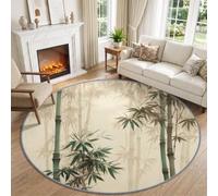 Tapis Rond Oriental 160 cm Antidérapant Lavable Machine, Tapis de Salon Design Peinture au Lavis Plants Feuilles de Bambou Moquette Doux pour Décoration Salle à Manger Chambre Canapé Cuisine Bureau