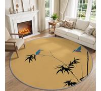 Tapis Rond Oriental 180 cm Antidérapant Lavable Machine, Tapis de Salon Design Plants Feuilles de Bambou Animal Oiseaux Moquette Doux pour Décoration Salle à Manger Chambre Canapé Cuisine Bureau