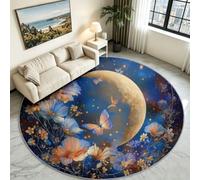 Tapis Rond Papillon et Lune Céleste, Poils Ras Lavable Salon 180 cm | Papillons Féeriques et Lune Fond Bleu Nuit, Douceur Confortable Sécurisée, Lavable en Machine, Idéal Chambre et Coin Lecture