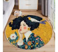 Tapis Rond Peinture À L'Huile Beauté Pour Salon, 160 Cm, Grand Tapis Esthétique Victorienne, Jaune Moutarde, Lavable Confortable, Antidérapant Doux Facile À Nettoyer Pour Chambre À Coucher De Chevet