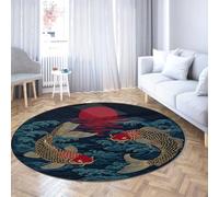 Tapis rond poisson koi 120cm tapis circulaires japonais ondulés lavables pour salon chambre table salle manger antidérapant poil bas intérieur océan coucher soleil bureau cercle anime bleu noir
