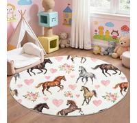 Tapis Rond pour Chambre Enfant, Tapis Rond Animal Cœur pour Garçons Filles Design Cheval Rose Onirique, Lavable et Antidérapant pour Espace de Jeu, Marron Dimension:100 cm