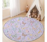 Tapis Rond pour Enfant 60 cm - Motif Romantique Papillon Fleur Sauvage | Tapis Rond Plante Floral Antidérapant et Doux pour Chambre d'enfant Salle de Jeux Chambre d'adolescent Salon, Violet Clair
