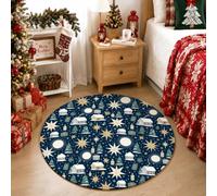 Tapis rond pour village d'hiver, chalets enneigés, nuit étoilée, 1,2 m | Motif étoiles, tapis cercle, arbres persistants, style fantaisie, décoration saisonnière d'hiver, confortable ferme, salon