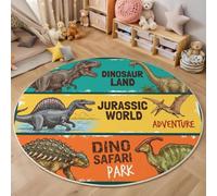 Tapis Rond Préhistorique Illustration Lavable Machine, Multicolore Tapis Imprimé Animaux Sauvages Dinosaures Antidérapant Absorbant, pour Salon Chambre Salle à Manger Nursery Salle de Jeux, 100cm