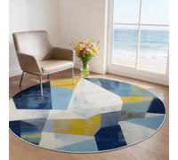 Tapis Rond Salon 100 cm Géométrique Abstrait Collage De Blocs De Couleur Moderne Tapis de Sol Décoration Antidérapant pour Salle De Jeu Intérieur, Bleu Jaune