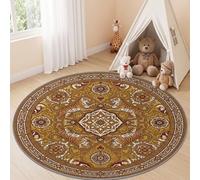 Tapis Rond Salon 100 cm, Style Animal Oriental Tapis de Sol Décoration | Lavable en Machine Tigre Ethnique Vintage Descente de Lit, Antidérapant pour Salle à Manger Bureau Cuisine, Marron