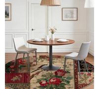 Tapis Rond Salon 60 cm, Lavable Antidérapant Tapis Poil Court Rétro, Rouge Foncé Facile À Nettoyer Légère Moquette avec Roses Rouges Oiseaux Carrés Patchwork Motif pour Chambre Balcon Salle à Manger