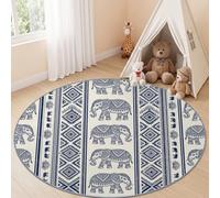 Tapis Rond Salon 90 cm, Style Aztèque Bohème Tapis de Sol Décoration | Lavable en Machine Éléphant Magnifique Ethnique Descente de Lit, Antidérapant pour Salle à Manger Bureau, Bleu Marine