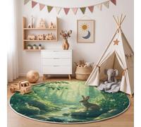 Tapis Rond Salon Animaux Forêt des Rêves 80 Cm Lavable en Machine Cuisine Rug | Lumière du Soleil Lapins Ruisseau Tapis Rond Antidérapant Vert Émeraude Moquette pour Salle A Manger Descente De Lit