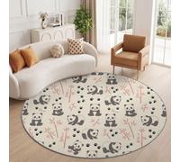 Tapis Rond Salon Dessin Animé Pastoral Panda Bambou Empreintes de Pattes Beige Doux Poil Ras Tapis de Sol Antidérapant pour Salon Chambre Cuisine Salle à Manger 90 cm