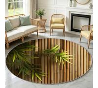 Tapis Rond Salon Doux Poil Ras Lavable et Antidérapant 120 cm Moderne | Tapis de Sol Décoration Feuilles Bambou Tiges Bambou pour Chambre à Coucher, Cuisine, Chambre d'enfant, Salle à Manger