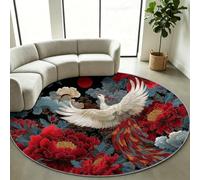 Tapis Rond Salon Japonais Traditionnel, Oiseau Phénix Rouge 180 cm | Tapis Poil Ras Doux au Toucher Agréable, Dessous Antidérapant Sans Peluches, Décoration Asiatique Salon et Chambre