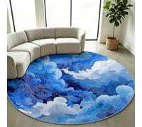 Tapis Rond Salon Japonais Traditionnel, Vagues et Nuages Bleu 120 cm | Tapis Antidérapant Poil Court Doux Lavable en Machine, Vague Japonaise Estampe Rétro, Salon Chambre Bureau Entrée