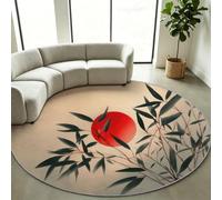 Tapis Rond Salon Minimaliste Japonais, Bambou et Soleil Beige 100 cm | Tapis Poil Bas Doux Laine Artificielle Antidérapant, Ambiance Zen Soleil Levant, Lavable en Machine Salon et Chambre