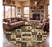 Tapis Rond Salon Nature Sauvage Rustique 220 cm Lavable Cuisine Rug | Rustique Forêt Classique Carreaux Sapin Cerf Tapis Rond Antidérapant Ton Terre Moquette pour Salle a Manger Descente de Lit