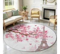Tapis Rond Salon Poil Ras Lavable Antidérapant 80 cm Romantique Tour Eiffel | Tapis de Sol Décoration Fleur Fleur Pêcher pour Chambre à Coucher, Cuisine, Chambre d'enfant, Salle à Manger Intérieur, Blanc