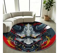 Tapis Rond Salon Traditionnel Japonais, Masque Théâtre Noir 120 cm | Tapis Antidérapant Poil Court Doux Lavable en Machine, Masque Samouraï Traditionnel, Salon Chambre Bureau et Entrée