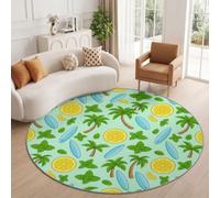 Tapis Rond Salon Tropical Côtier Palmier Citron Planche de Surf Feuille de Menthe Vert Doux Poil Ras Tapis de Sol Antidérapant pour Salon Chambre Cuisine Salle à Manger 120 cm