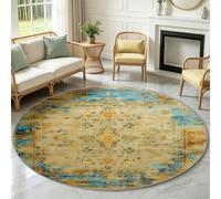 Tapis Rond Salon Vintage, Tapis Poil Ras Lavable Antidérapant, 120 cm | Géométrique Tapis Doux au Toucher Agréable, Résistant et Sans Peluches, Salon Chambre, Jaune