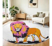 Tapis Rond Shaggy Lavable 80 cm- Moelleux et Antidérapant Tapis Rond, Animaux Lion Nature Sauvage pour Salon Couloir Salle d'étude Décorations Intérieures Art à l'Encre Aquarelle