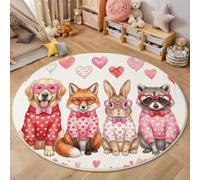 Tapis Rond Thème De La Saint-Valentin de Chambre d'enfant Tapis à Poils courts Lunettes En Forme De Cœur De Chien Renard - Doux- Antidérapant - Facile d'entretien pour Salon, Lit, Coins de Jeu, 120cm