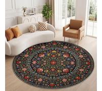 Tapis Rond Vert 200 cm, Vintage Floral Salon Doux Poil Ras Tapis | Lavable en Machine Tapis, Plantes Feuilles Lianes Baies Dessous Antidérapant Moquette pour Chambre Intérieure Décoration