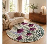Tapis Rond Vert Foncé 100 Cm, Tapis Salon Moderne Lavable | Moquette Doux Poil Ras Avec Plantes De Campagne Rétro Fleurs Et Feuilles À L'Aquarelle, Antidérapant Pour Chambre Décoration Intérieure