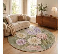 Tapis Rond Vert Olive 80 Cm, Tapis Salon Moderne Lavable | Moquette Doux Poil Ras Avec Peinture À L'Huile De Fleurs Classiques Dahlias Vintage, Antidérapant Pour Chambre Décoration Intérieure