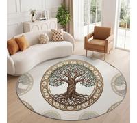 Tapis Rond Vintage Artistique Doux Lavable Salon 60 cm Marron Clair | Arbre De Vie Runes Mandala Imprimé Poils Courts Antidérapant Facile à entretenir Tapis pour Chambre Cuisine Bureau Couloir
