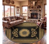 Tapis Rond Vintage Baroque Géométrique Or Frise Grecque Lavable 160 cm | Poils Courts Antidérapant Tapis Luxe Classique pour Cuisine et Bureau Descente de Lit Imprimé Facile à Entretenir Noir