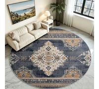 Tapis Rond Vintage Boho Salon, Poil Bas Moelleux Antidérapant 180 cm | Médaillon Tribal Fond Noir, Ne Perd Pas Ses Poils, Lavable en Machine, Idéal pour Salon Chic, Entrée et Chambre