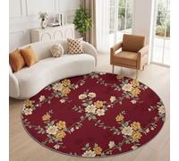 Tapis Rond Vintage Chinois Lavable 120 cm Bordeaux Poils Courts Salon Tapis | Fleurs Pivoines Plantes Lianes Imprimé Antidérapant Tapis Facile à Entretenir pour Chambre Cuisine Bureau Salle à manger