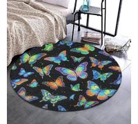 Tapis rond vintage en flanelle, léger et confortable, 61 cm | Lavable, motif papillon monarque noir et bleu, absorbant, tapis de sol pour sous un bureau ou une chaise, dans une chambre, une cuisine ou
