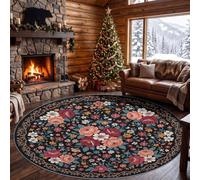 Tapis Rond Vintage Floral 60 cm, Tapis Chambre Moderne Lavable | Tapis Motif Plantes Vignes, Antidérapant Poil Ras Doux, pour Salon Décoration intérieure Moquette Paillassons