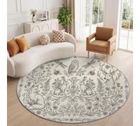 Tapis Rond Vintage Forêt Lavable 200 cm Beige Poils Courts Salon Tapis | Cerfs Renards Hiboux Lapins Fleurs Imprimé Antidérapant Tapis Facile à Entretenir pour Chambre Cuisine Bureau Salle à manger