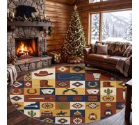 Tapis Rond Vintage Géométrique 210 cm, Tapis Chambre Moderne Lavable | Tapis Motif Jean Patchwork, Antidérapant Poil Ras Doux, pour Salon Décoration intérieure Moquette Paillassons