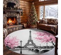 Tapis Rond Vintage Paysage 90 cm, Tapis Chambre Moderne Lavable | Tapis Motif Tour Eiffel Arbres, Antidérapant Poil Ras Doux, pour Salon Décoration intérieure Moquette Paillassons