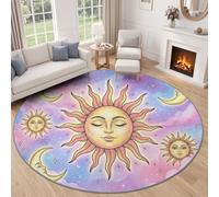 Tapis Rond Vintage Soleil Croissant pour Salon 90 cm, Rose Violet Céleste Bohème Lavable Antidérapant Tapis Et Doux À Poils Courts Convient À Chambre, Bureau, Salle À Manger Et Chambre D’Enfant