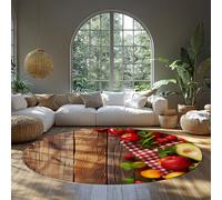 Tapis Ronds 120cm（Rond） Rug Cuisine antidérapant Lavable Rustique en Bois et Fruits Pique-pour Salon Salle à Manger Tapis intérieur à Poil Bas Style Campagne