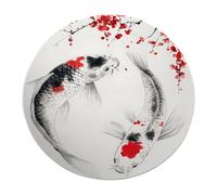 Tapis ronds 150cm tapis bonne chance circulaire lavable poisson koi pour salon bureau art encre traditionnelle taches rouges carpes fleurs sakura surface ronde antidérapant sol nursery blanc