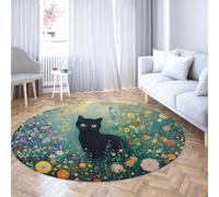 Tapis ronds 80cm tapis pour la chambre lavable pour chat noir doux jardin fleurs sauvages sol moquette intérieure anti perte fin pour chambre salle manger salle jeux décoration nursery vert