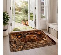 Tapis rustique à thème vache Highland ferme, 0,6 x 0,9 m | Cheminée en pierre rustique, atmosphère confortable, style intérieur de ferme, tons de terre chauds, pièce d'accents