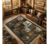 Tapis rustique sur le thème de la cabane d'animaux sauvages 1,5 x 2,1 m | Motifs de canard colvert, accents de pomme de pin rustique, texture à carreaux classique, décoration de cabine